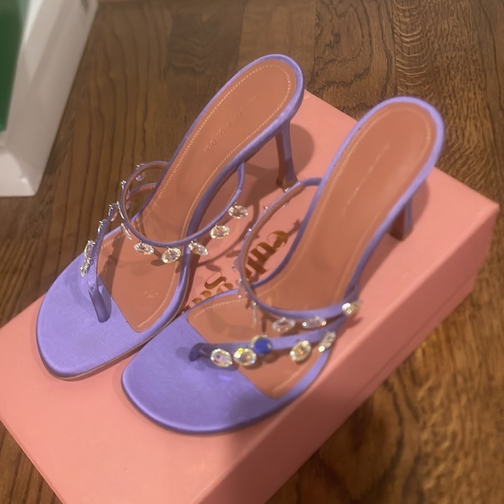 BRAND NEW Amina Muaddi “Tina” satin sandals with hanging crystal charms